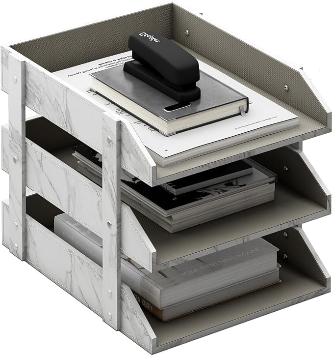 Leather Desk Organizer, Thipoten 3-Tier Stackable Letter Tray Holder for Office Supplies, Paper, File, Magazine, Perfect Office Organization for Desktop (White-3Tiers)