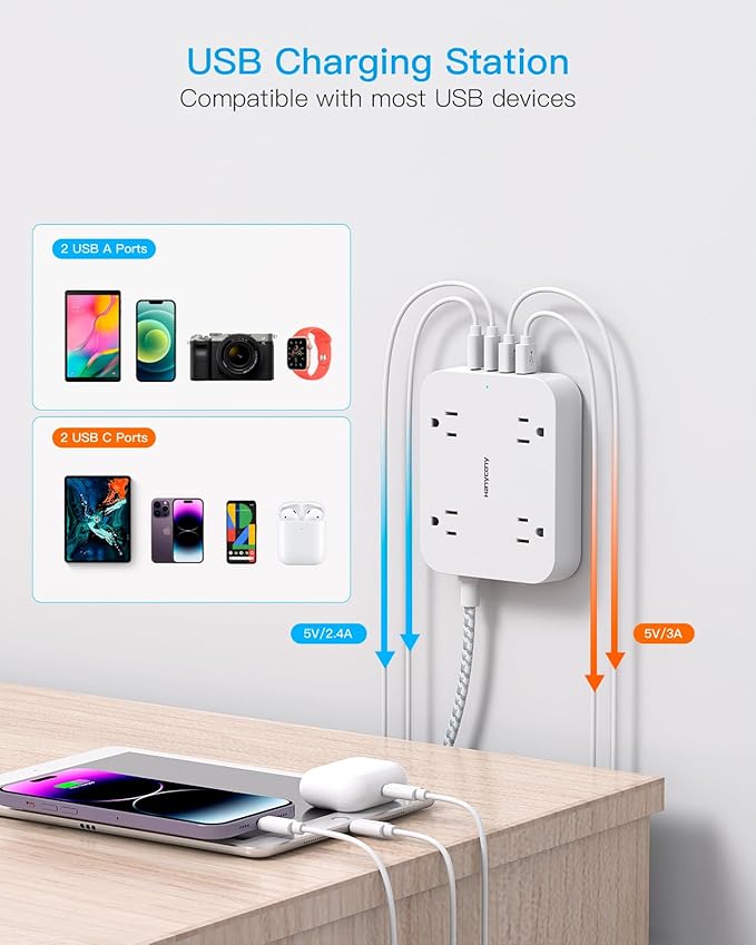 25 Ft Extension Cord, HANYCONY Ultra Thin Flat Plug Power Strip with 4 Outlets 4 USB Ports (2 USB C), Wall Mount, Desk Charging Station for Office, Travel and Dorm Room Essentials, ETL Listed