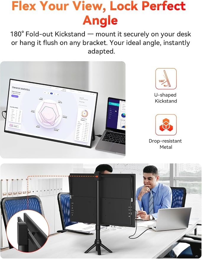 HotYeah 23.8" 100Hz Portable Monitor, 1080P FHD 100% sRGB IPS USB-C HDMI Large External Monitor, Home Gaming 2nd Screen w/180° Adjustable Kickstand for MacBook, Laptop, PC, Phone, Tablet, Switch, PS5