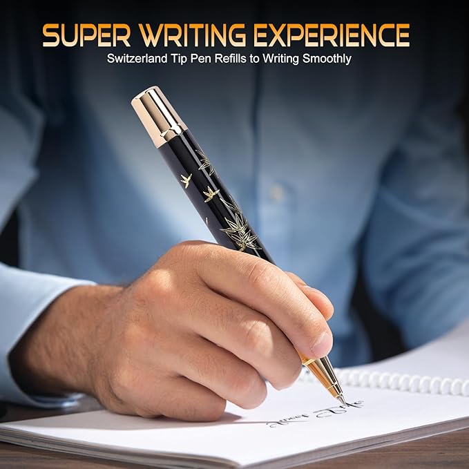 Black Rollerball Pens-Luxury Pens for Women Men, 24K Gold Trim Elegant Pen, Executive Gift Pen Set for Office Graduation Business Nice Roller Ball Pens