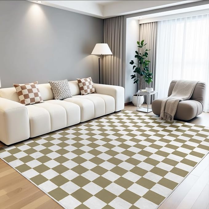 Terrug Beige and White Checkered Rug for Living Room,8x10 Area Rugs Washable with Non Slip for Bedroom,Soft Low Pile Stain Resistance Retro Carpet for Dorm Kids Room