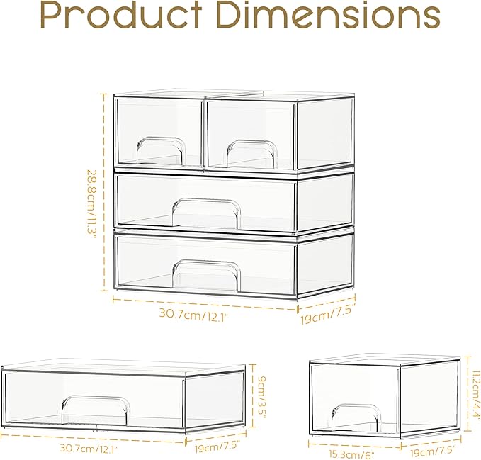 Stackable Storage Drawers, 4 Pack Clear Plastic Makeup & Bathroom Organizer, Versatile Storage Bins for Vanity, Under Sink, Kitchen Cabinets & Pantry