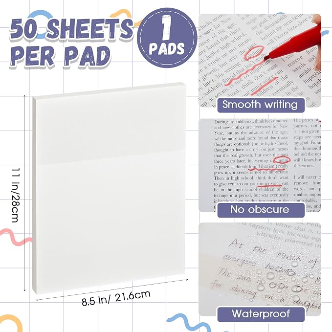 Gueevin 1 Pads 50 Sheets 8.5 x 11 Inch Transparent Sticky Notes, Extra Large Clear Self Sticky Notes, Waterproof Jumbo Translucent Paper, Office Supply