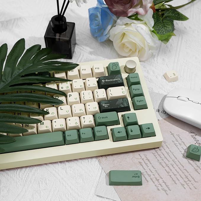 130 Keys MDA Profile Keycaps Set, Green Japanese PBT Keycaps, Dye-Sub Custom Retro Keycap ANSI/ISO Layout for Cherry MX Mechanical Keyboard (Botanical Theme)