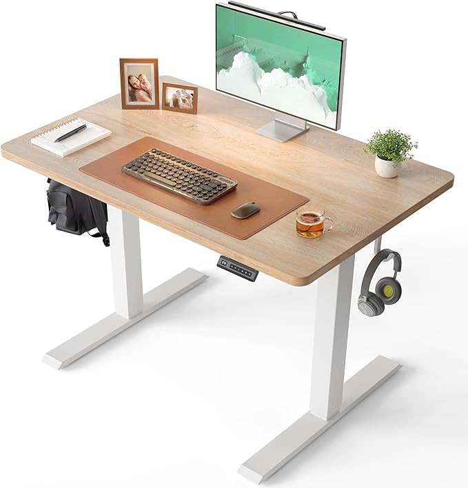 CubiCubi 32 x 20 Small One-Piece Standing Desk, Adjustable Height Electric Computer Home Office Sit Stand up Workstation, with 4 Memory Presets, Headphone Hook, Maple