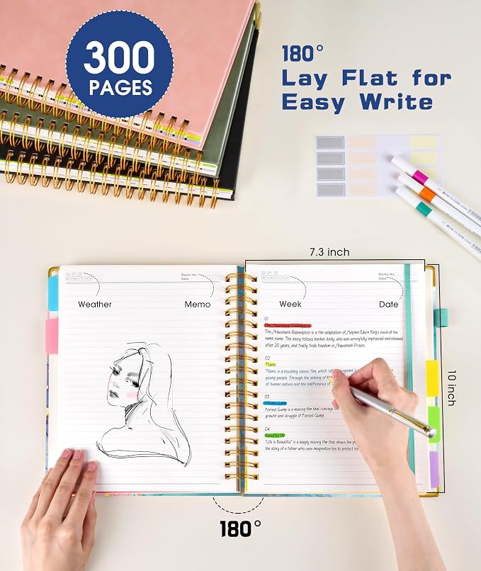 Hardcover Spiral Notebook Journal with Removable Dividers Tabs, 300 Pages 5 Subject Notebook College Ruled, 100GMS Notebooks for Work School Note Taking,Lined Journal for Women,Pink Blue Marble