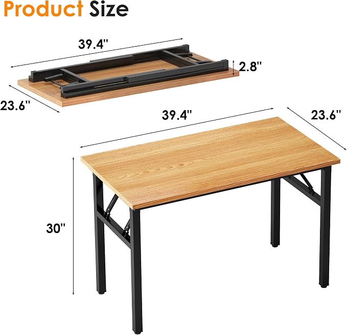 SDHYL 39 inches No Assembly Foldable Computer Desk, Modern Portable Laptop Workstation for Small Spaces with Adjustable Leg Pads, Simple Study and Writing Table for Home Office, Teak & Black