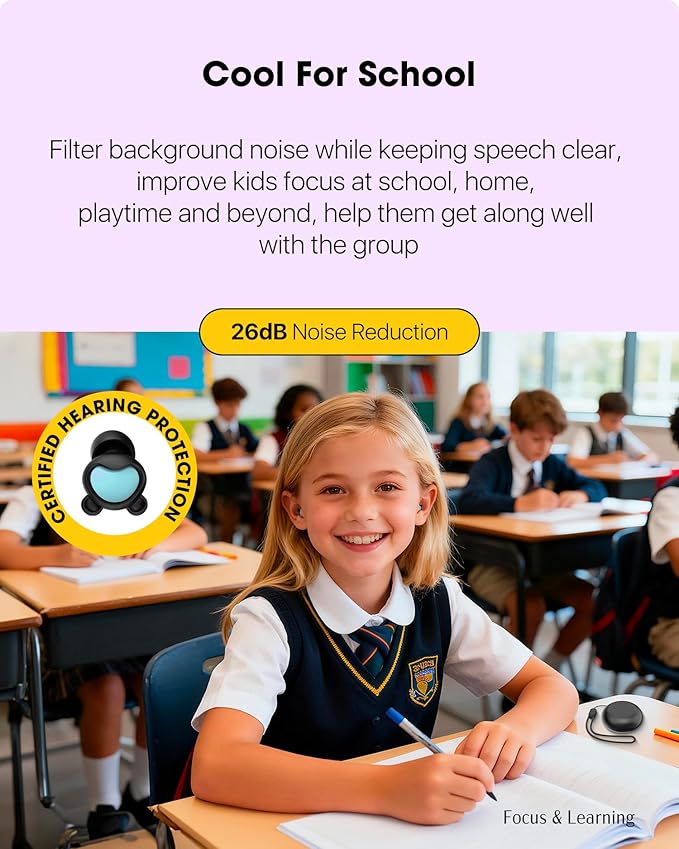 Kids Noise Reduction Ear Plugs(6+yrs) – Reusable Child Ear Protection for Sensitive Ears, Comfortable Earplugs for School, Travel, Focus, Concert, Sleep & Loud Events – 4 Sizes Ear Tips, 26dB,BKBU