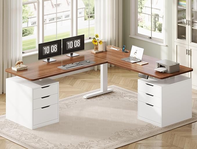 SEDETA L Shaped Electric Standing Desk with 6 Drawers, 66.9" x 57.1" Height Adjustable Stand Up Desk with Power Outlets, 3 Memory Heights, Sit Stand Computer Desk for Home Office, White + Brown