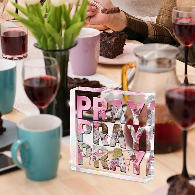 Religious Gifts for Women, Pink Inspirational Decor Pray Over It Bible Verse Art Christian Gifts, 4x 4 Inches Office Desk Accessories Decor Sign