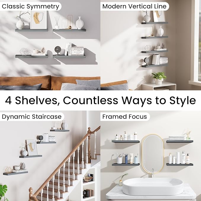 BAYKA Floating Shelves, Gray Wall Mount Wood Shelf 15.7in Set of 4 | Hidden Bracket Design, Max 22lbs Load, Multi-Wall Compatible, Easy Install, Ideal for Bathroom Bedroom Display Storage Decor
