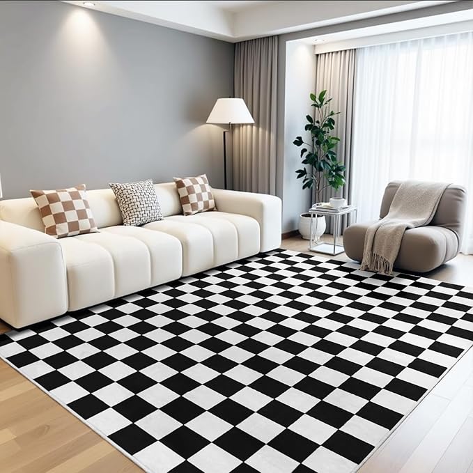 Terrug Black and White Checkered Rug for Living Room,8x10 Area Rugs Washable with Non Slip for Bedroom,Soft Low Pile Stain Resistance Retro Carpet for Dorm Kids Room