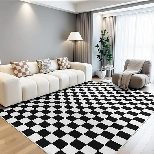 Terrug Black and White Checkered Rug for Bedroom,4x6 Area Rugs Washable with Non Slip for Living Room,Soft Low Pile Stain Resistance Retro Carpet for Dorm Kids Room