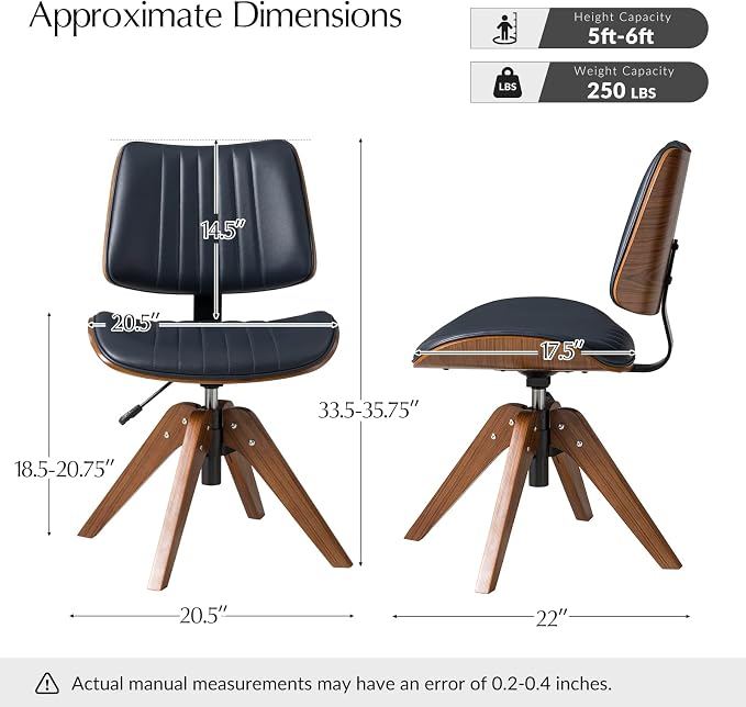HULALA HOME Faux Leather Home Office Desk Chair No Wheels, Navy | Mid-Century Modern Desk Chair with Wood Legs, 360° Swivel Computer Task Chair with Channel-Tufted Backrest, Height Adjustable