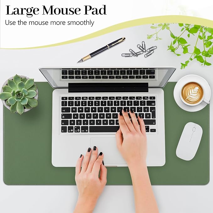 Green Desk Mat, Leather Desk Pad Protector, Non-Slip Office Computer Mat, Waterproof Desktop Mat for Keyboard and Mouse, Green Desk Accessories for Women, 23.6"x13.7"