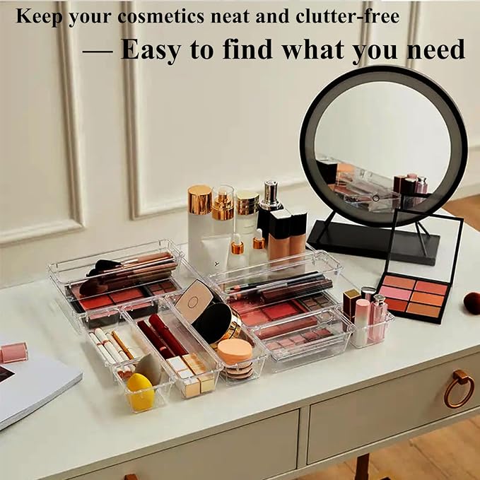 16 Pcs Upgraded Extendable Clear Drawer Organizer, Adjustable Vanity Storage Box, 3-Size Desk Drawer Organizer, Durable Storage Bins for Makeup, Cosmetic, Bedroom Dressers Tool Organizer for Gadgets