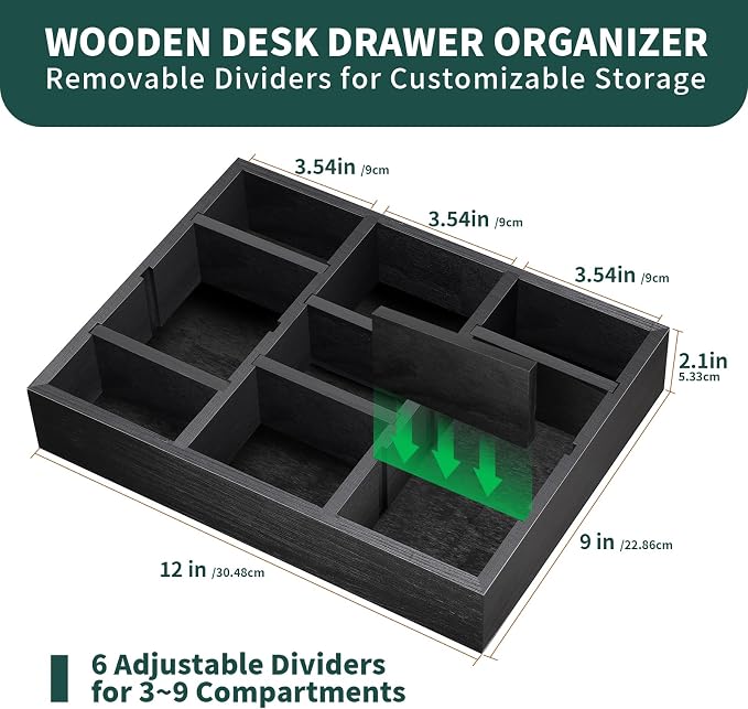 Wooden Desk Drawer Organizer | 9-Slot Desktop Tray | Adjustable Drawer Storage Box for Pens, Keys, Watch, Sticky Notes | Farmhouse Home&Office Decor