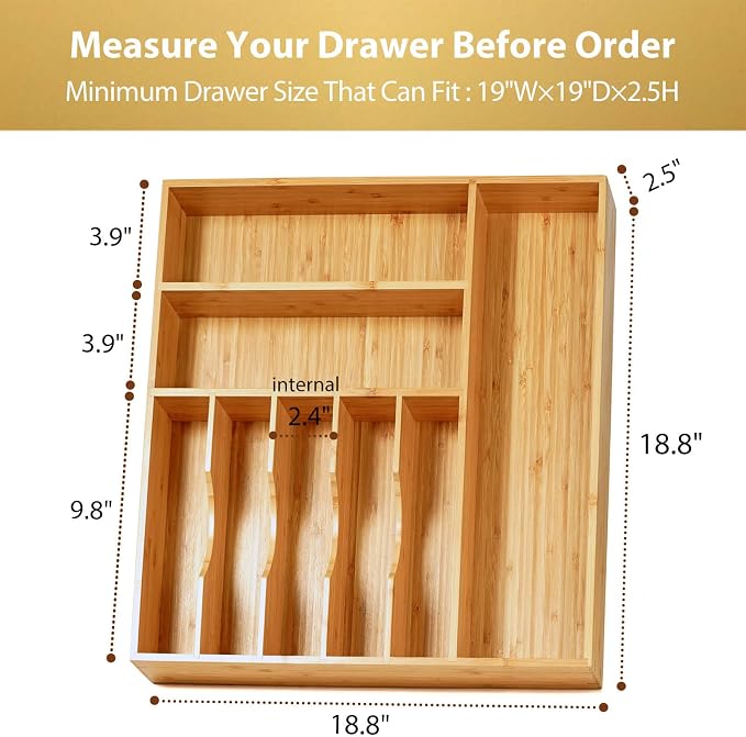 Large Kitchen Drawer Organizer, 19"x19" Silverware Utensils Organizer, 2.5" High for Large Deep Drawers, Bamboo Flatware Holder with Thick Frames, Sturdy Kitchen Organization Tray