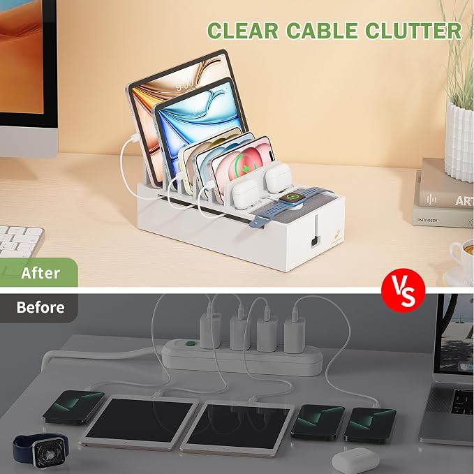 Pezin & Hulin Bamboo Charging Dock Station for Electronic Devices-White | Docking Organizer for Phone and Tablets, Smart Watch, Earbuds, Power Strip Box (Included 5-Port USB Charger and 6 Cables)