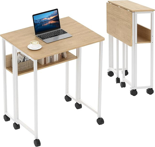 Folding Desk Small Rolling Desk with Storage Shelf,24.8 Inch Foldable Computer Table with Wheels,Portable Office Desk for Small Space Sofa Table,Easy to Fold,Writing Work Office Computer Desk,Oak