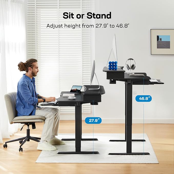 HUANUO 55" x 26" Electric Standing Desk, 2 Drawers & Keyboard Tray, Black | Ergonomic Desk with 2 Drawers: 27.9"-46.8" electric lifting. 26.7" keyboard tray & C-clamp mount top maximize workspace