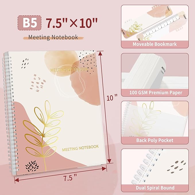 SUNEE Half Meeting Half Note - 7.5"x10" Professional Notebooks for Work - 160 Pages, B5 Size Project Planner, Spiral Meeting Agenda/Minutes Organizer for Women Men, Note Taking, Office & Business