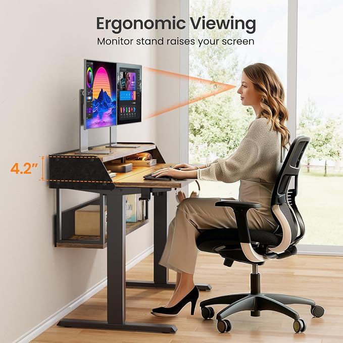 ErGear Electric Standing Desk, 55x28 Inch Adjustable Sit Stand Desk with Bookshelf & Monitor Stand, Standing Gaming Desk with LED Light Strip, Stand Up Desk for Home Office, Vintage Brown | Raised Monitor Stand, 27.9–46.9 Inch Height Range, 4 Memory Pr...
