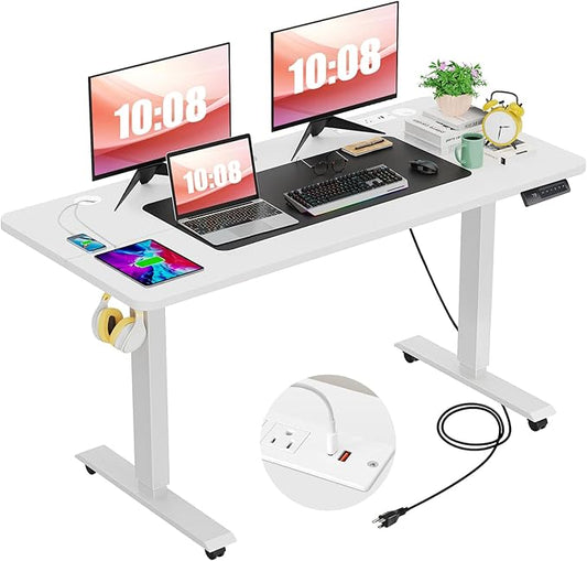 farexon 55 x 24 inch Standing Desk Electric Adjustable Height with Charging Station, USB Outlets, Wheels, Stand up Desk with Ergonomic Workstation, 4 Preset Heights Easy to Set(White)