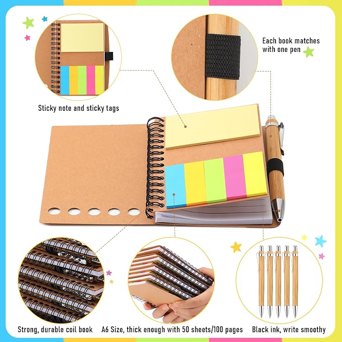 Chuangdi 100 Sets Lined Spiral Notebooks with Sticky Notes and Bamboo Pens, Back-to-school Supplies for Office Teacher Staff, Kraft Notebook with Pen Set Bulk for Employee
