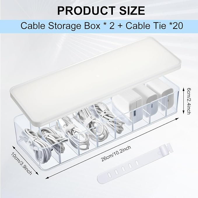 Tatuo 2 Pcs Cord Organizer for Drawer Desktop, Cable Organizer Box with 8 Compartments and Wire Ties, Plastic Charger Storage with Lid, Electronics Case for Home Office Accessories (Small,Clear,White)