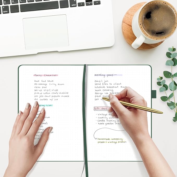 &And Per Se Dotted Journal Notebook, A5 Hardcover Aesthetic Dotted Notebook – 160 Pages 100gsm Thick Dot Grid Paper, 3 Sticker Sheets – Gift-Ready Journaling Kit for Women (Dark Green)