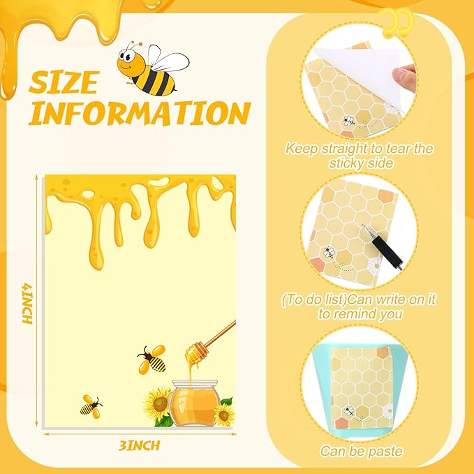 12 Pieces Bee Sticky Notes Bee Notepads Gifts 3x4 Inch Adhesive Honey Memo Notes for Women to Do List for Memo Reminder List for Office Home Supplies Teachers Gift