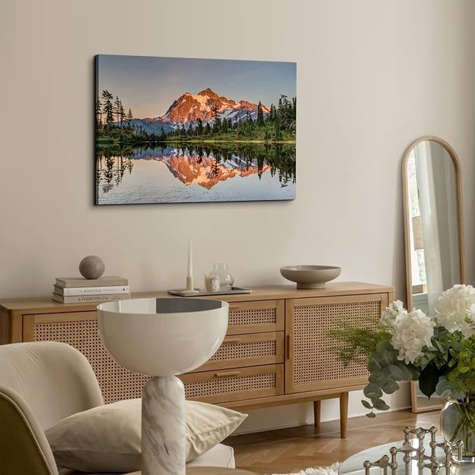 National Park Scenery Canvas Wall Art for Living Room, Sunset Nature Mountain Landscape Prints Picture Decor 24x36" Mount Baker Forest Lake Reflection Modern Painting Framed Artwork Bedroom Decoration