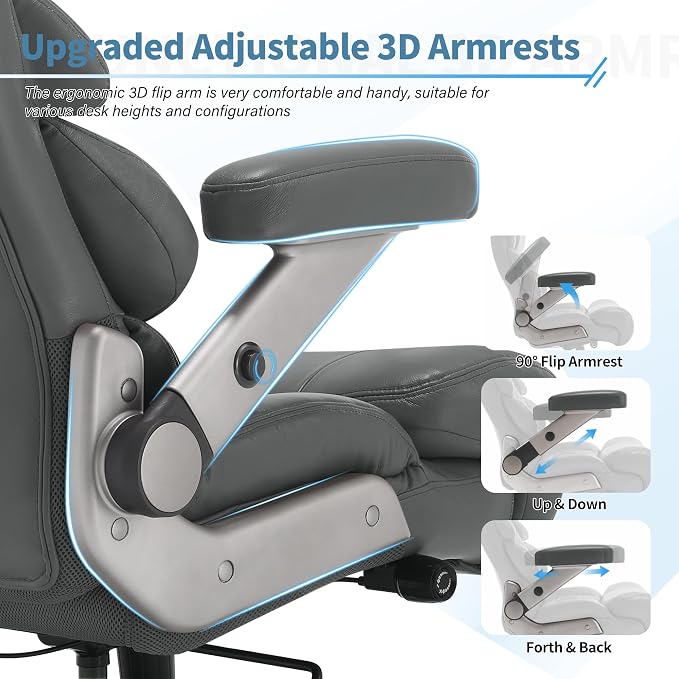 VUZI 700lbs Big and Tall Office Chair, Large Executive Leather Desk Chair | Adjustable Lumbar Support for Back Pain, Plus Size Wheels, 3D Flip Arms, Heavy Duty Metal Base, Wide Seat Computer Chair