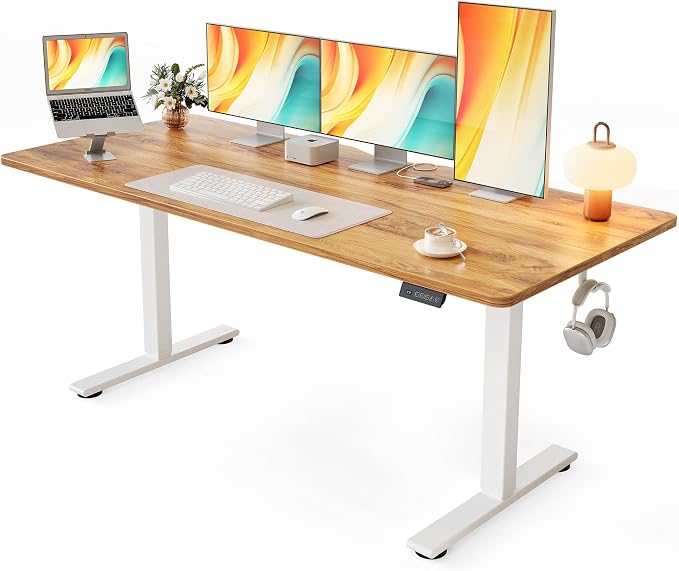 Cubiker Standing Desk, 63x28 Inches Sit Stand Home Office Desk, Electric Stand up Desk, Adjustable Desk with Splice Board, White Frame/Light Rustic Top