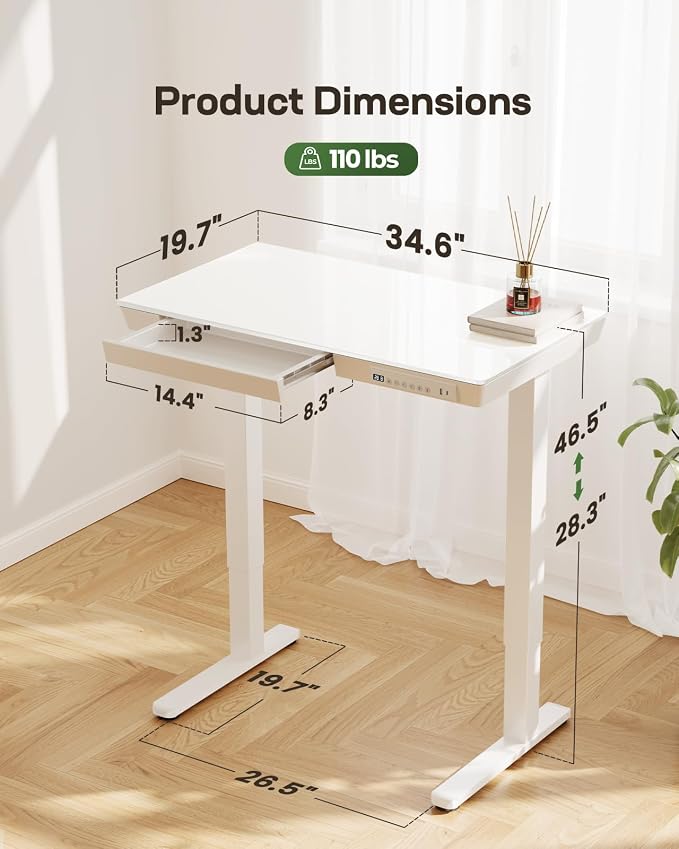 Marsail Glass Standing Desk, 35 x 20 Inch Small Sit Stand Desk | Sit Stand Design, Storage Drawer, One-piece tempered glass top, Compact Home Office Desk,Steady, easy to clean