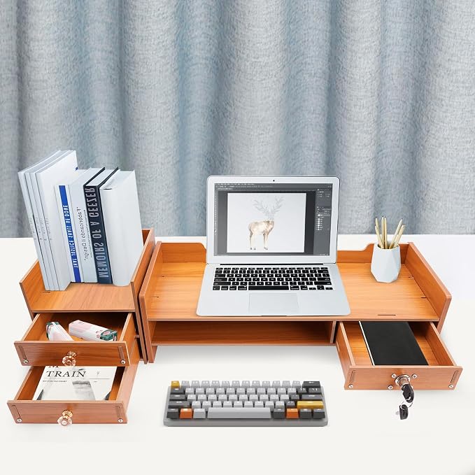 Wooden Computer Monitor Stand Riser Laptop Monitor Riser for PC Screen, iMac, Desktop Wooden Screen Monitor Stand Riser with 3 Drawers for Home Office Desk Organizer, Monitor Stand with Storage
