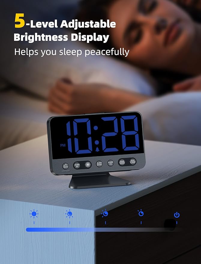 Odokee Digital Alarm Clocks for Bedrooms with Large Bold Number | Electric Desk Clock with Night Light & Brightness Dimmer - Loud Alarm for Heavy Sleepers with Adjustable Volume - Blue
