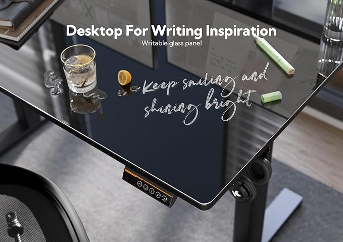 Claiks 48x24 Inch Black Glass Standing Desk | Adjustable Height, Tempered Glass Top, Stand Up, Quick Install, 3 Memory Presets