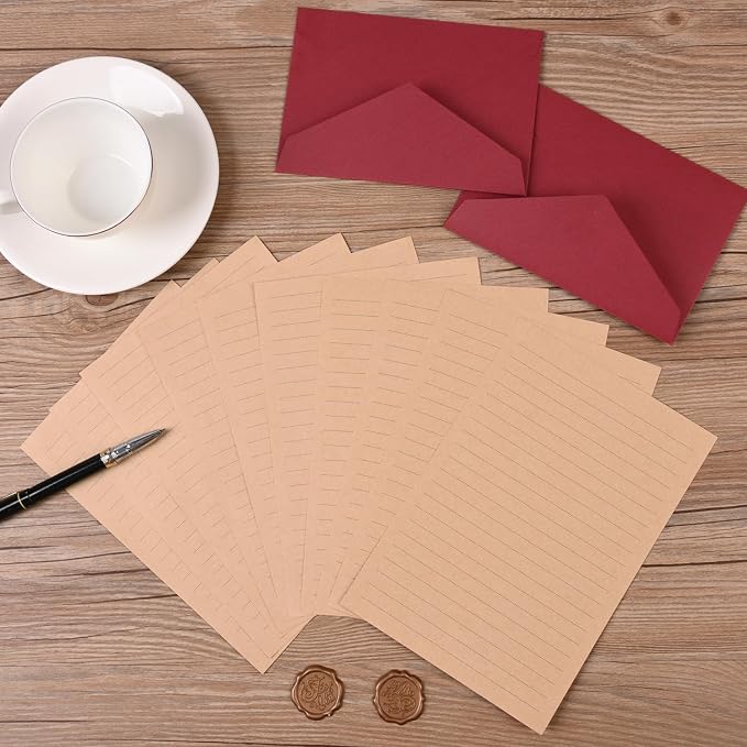 48 Pieces Stationery Set with Envelopes (24 Kraft Paper Sheets + 12 Linen Texture Envelopes+12 Wax Seal Stickers), Stationery Letter Writing Paper Set for Love Letters and Party Invitations (Red)