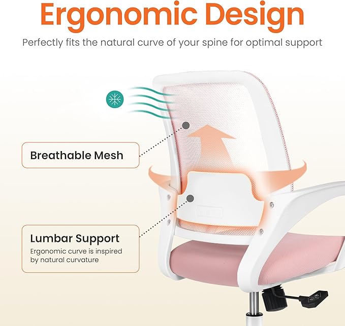 NEO CHAIR Office Desk Ergonomic Computer Mesh Chair with Lumbar Mid Back Support Adjustable Height Swivel Rolling Wheels Comfy Task Vanity Chair for Home Bedroom Study (Pastel Pink)