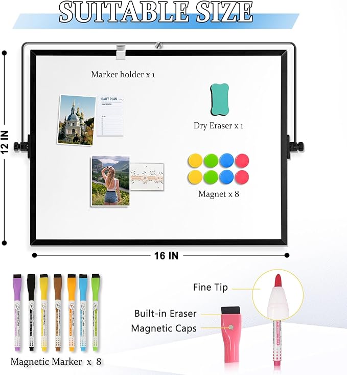 Dry Erase Magnetic White Board, 16" x 12" Black Framed Double-Sided Desktop Whiteboard with Stand, Portable Small Whiteboard Set for Drawing, Office, Home, School