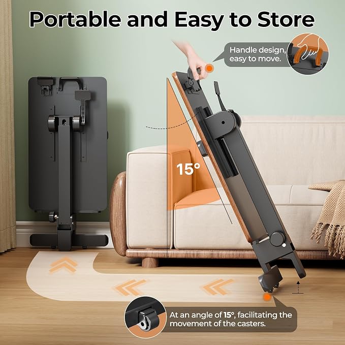 Foldable Mobile Standing Desk, 27 Inch Small Rolling Laptop Cart Height Adjustment, 90° Tiltable Bedside Table, No Assembly Needed Portable Computer Workstation, Dark Wood