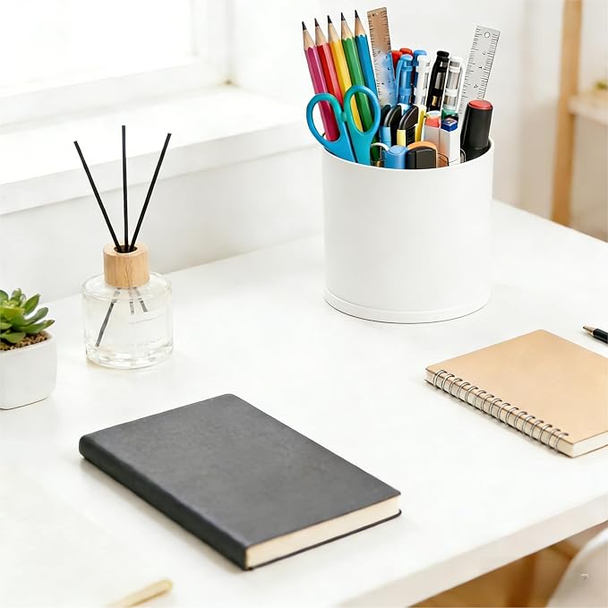 360 Rotating Acrylic White Pen Holders and Pencil Cups for Desk,Small Cute Desk Organizers Accessories and Makeup Brush Holder,Spinning Pencil Caddy School Supplies Organizer for Teacher,1PCS