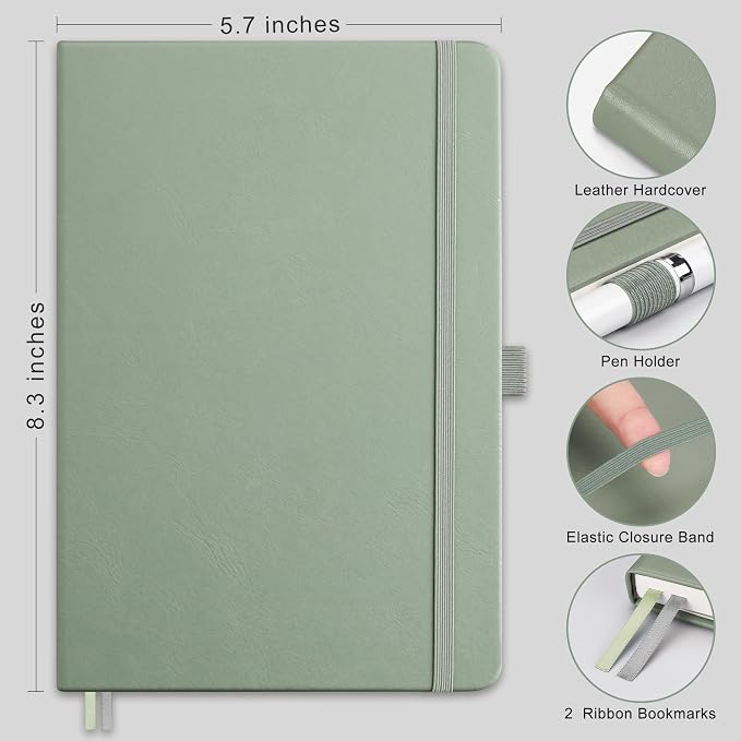AHGXG Blank Journal Notebook, 160 Pages, A5 Medium Size (5.7'' x 8.3''), 120 GSM Thick Paper, Leather Hardcover, for Sketching, Drawing, Painting (Sage Green)