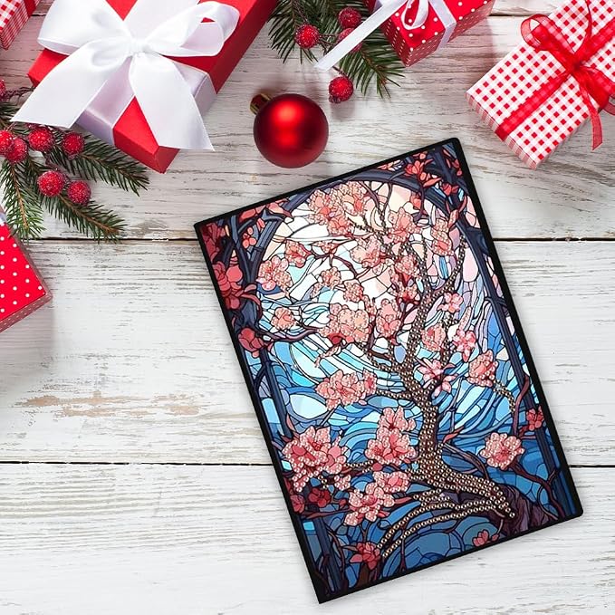 FRANDEK Pearl Painting Notebook Kit, Red Flower Tree A5 DIY Journal with 50 Blank Pages, Diamond Gem Art Cover with Waterproof Canvas, Beginner Craft Set with Full Tools for Adults