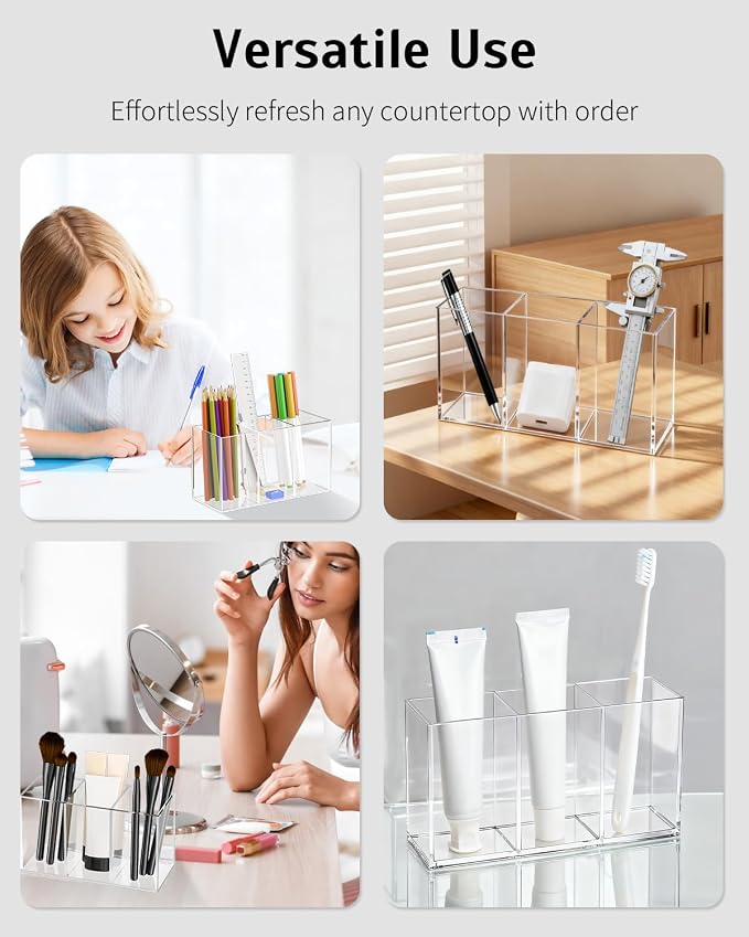 Uniclife Clear Acrylic Pen Holder for Desk, Plastic Pencil Holder Pen Organizer with 3 Compartments, Desktop Stationery Organizer for Office Home School, Vertical Makeup Brush Holder, 6.8" x 3" x 4"