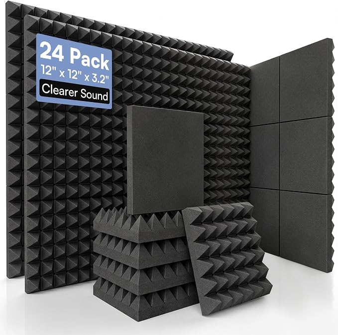 GUERRI 24 Pack Acoustic Foam Panels 12" x 12" x 3.2" Pyramid Design Sound Proof Foam Panels High Density Sound Absorbing Foam Echo Reduction for Wall, Home Studio, Recording & Gaming