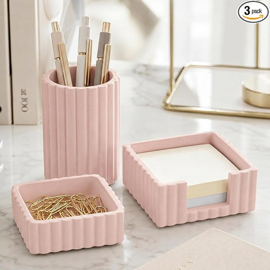 Aesthetic Desk Organizer Set of 3 For Your Office - Sturdy Concrete Desktop Accessories For Women Enhance Any Office Decor - Set incl. Pen Holder, Paperclip Storage & Sticky Note Holder for Teacher