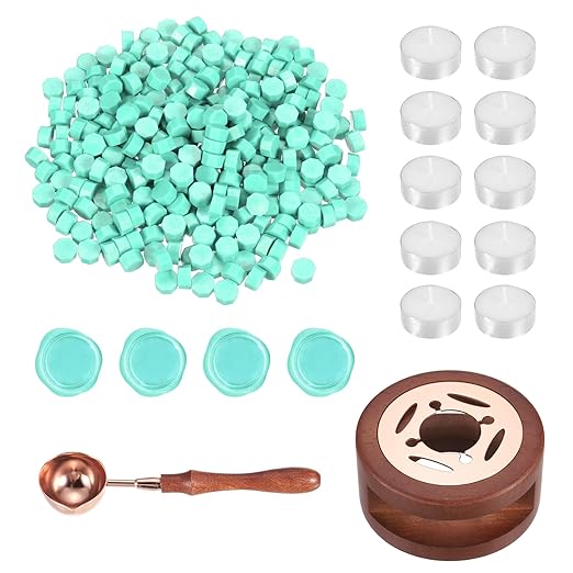 PATIKIL Wax Seal Kit, 300 Pcs Wax Sealing Beads, Wooden Warmer, Melted Spoon, 10 Pcs Tealight Candles for Envelope Letter Mailing Crafts DIY, Mint Green